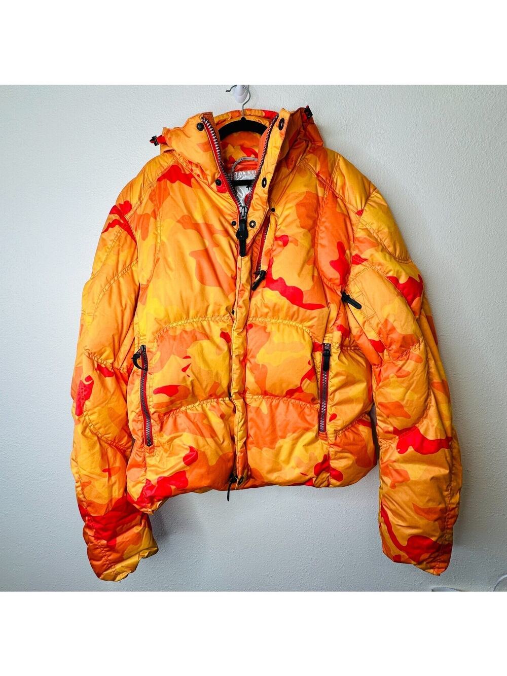 Kru St. Moritz Yellow Pink Orange Camo Front Button Zip Long Sleeve Hood Jacket